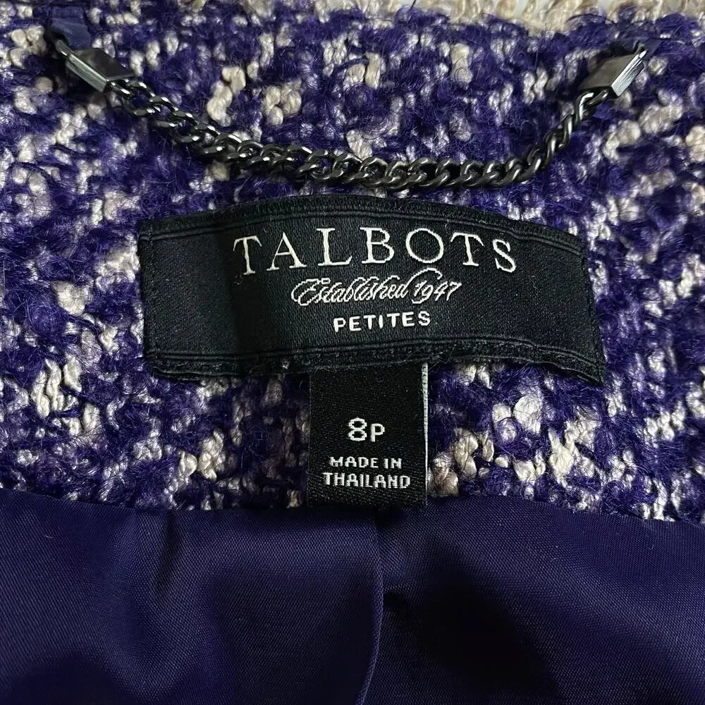 Talbots Boucle Tweed Blazer Blue Fringe Trim Open Jacket Size 8P Jackie O Preppy